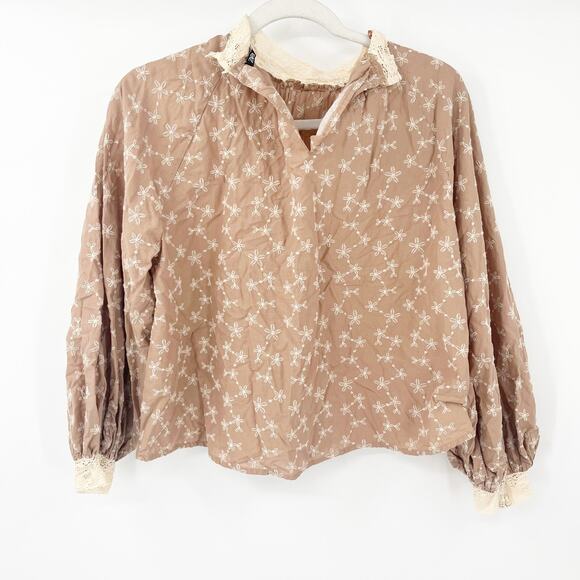 Zara Womens Peasant Embroidered Cottagecore‎ Prairie Mock Neck Blouse Size XS - Picture 3 of 8